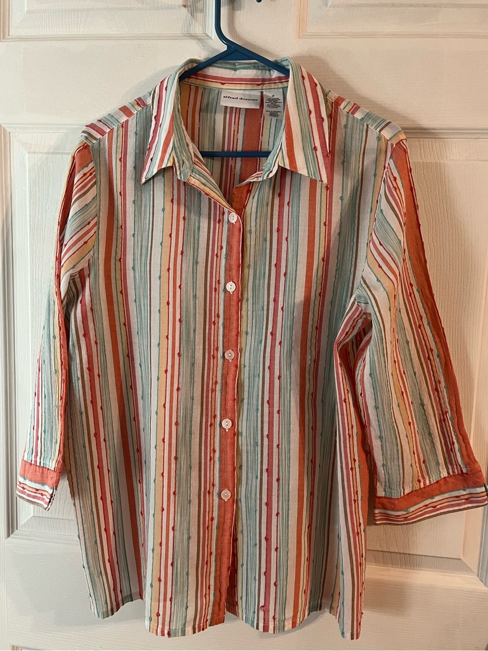 Alfred Dunner Striped Blouse in Muted Shades of Coral, Aqua & Cream